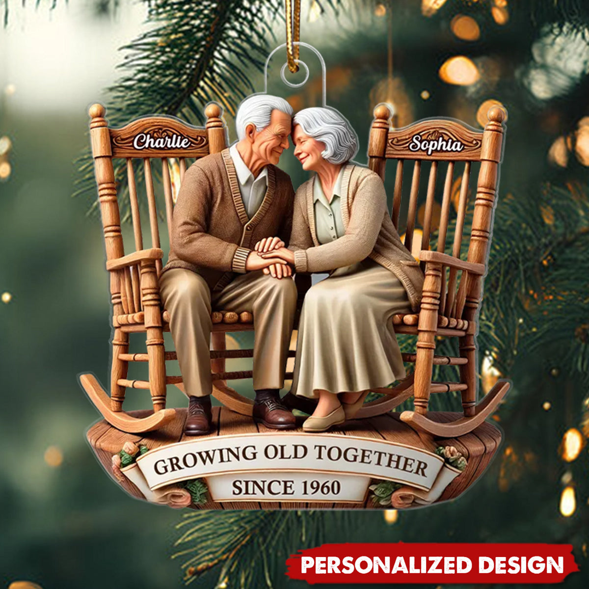 3D Effect Old Couple Sitting On Rocking Chairs Together Personalized Acrylic Ornament