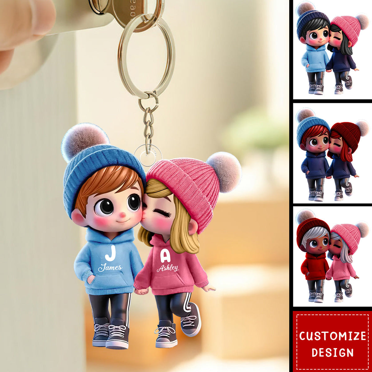 Cute Cartoon Couple Walking Personalized Acrylic Keychain-Gift For Couple