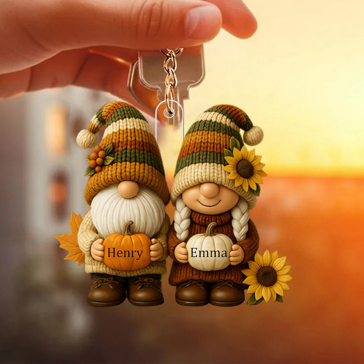 Growing Old Together, Couple With Sunflowers And Pumpkins Keychain, Gift For Couples And Grandparents