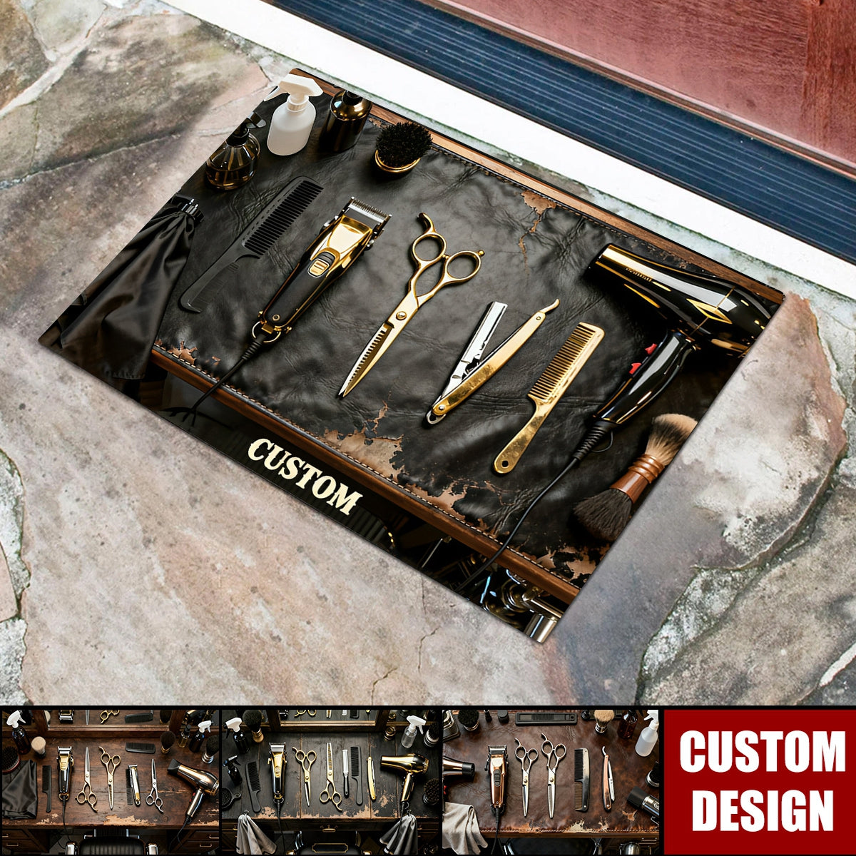 Custom-made vintage barber's workbench rug