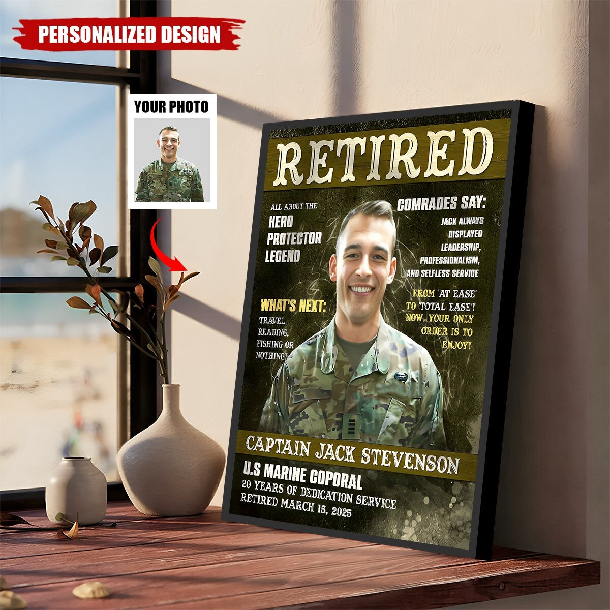 Personalized Army Magazine Cover Canvas Poster, Military Retirement Portrait Gift