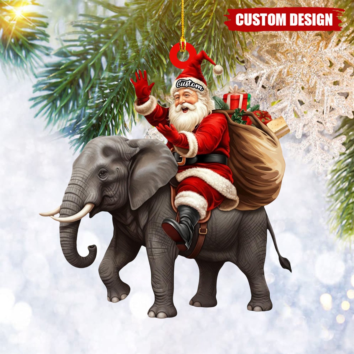 Santa riding Elephant acrylic 2D flat Christmas ornament, festive tree hanging acrylic holiday decoration, unique Santa riding elephant gift