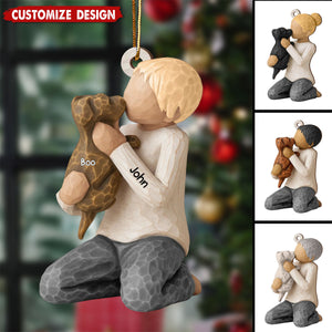 Personalized Boy Girl Hugging Dog Wooden Christmas Ornament - Gift For Dog Lovers