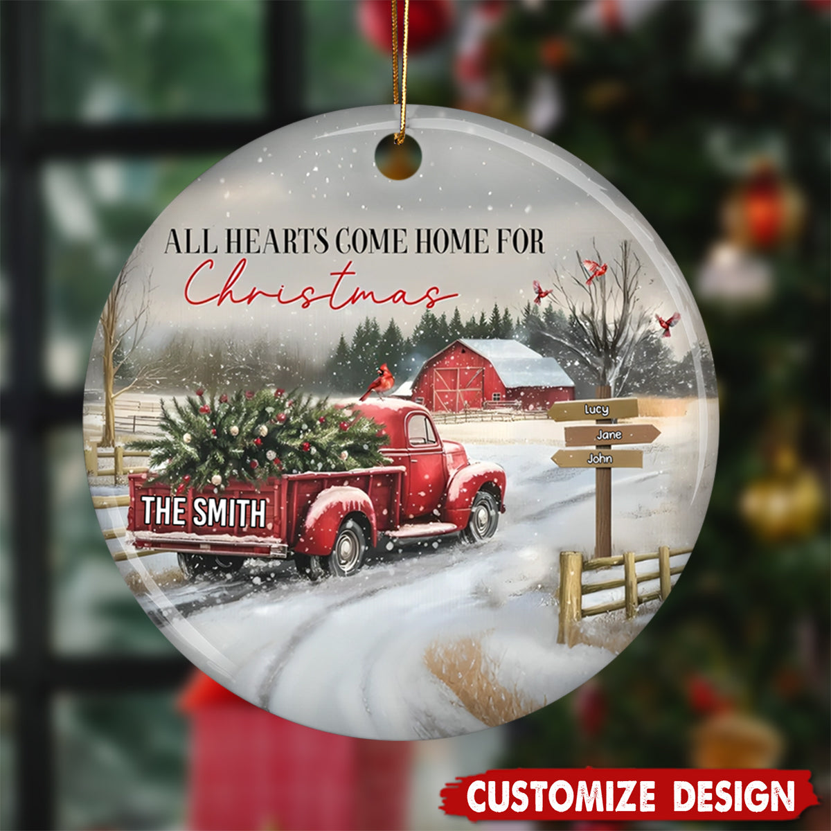 Personalized Red Truck Family Ceramic Christmas Ornament - Gift For Family