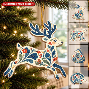 Personalized Christmas Wooden Christmas Ornament Set: Scandinavian Folk Art Woodland Animals