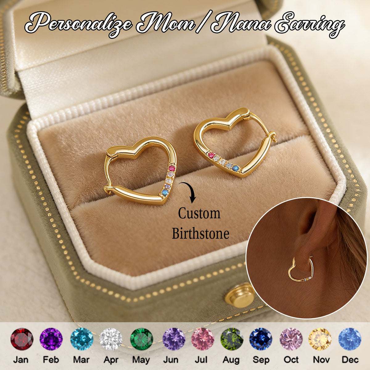Personalised Birthstone Heart Earrings-Mother's day gift