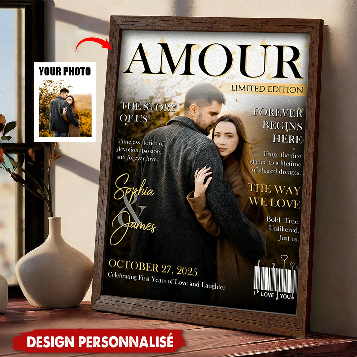 Personalized Amour Magazine Cover Couple Poster, Romantic Love Story Gift