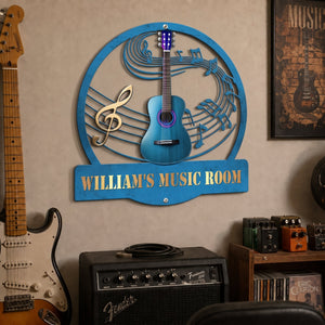 Guitar Music Room, Custom Name & Guitar Type - Personalized Metal Sign