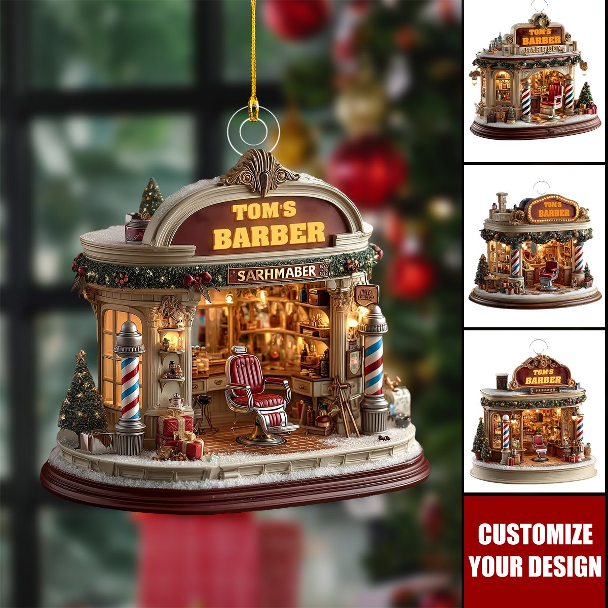 Personalized Barber Shop Christmas Ornament, Red Chair & Barber Poles