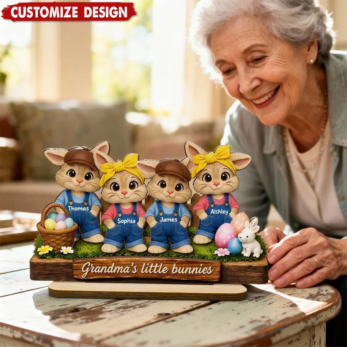 Personalized Little Bunnies 2-Layered Wooden Plaque  - Easter Gift For Grandma