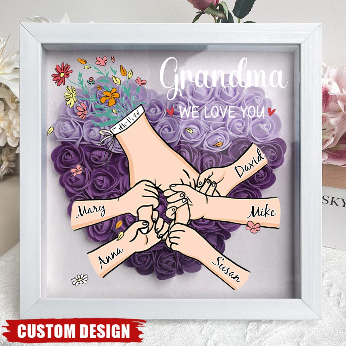 Grandma/Mom We Love You - Personalized Flower Shadow Box With Name