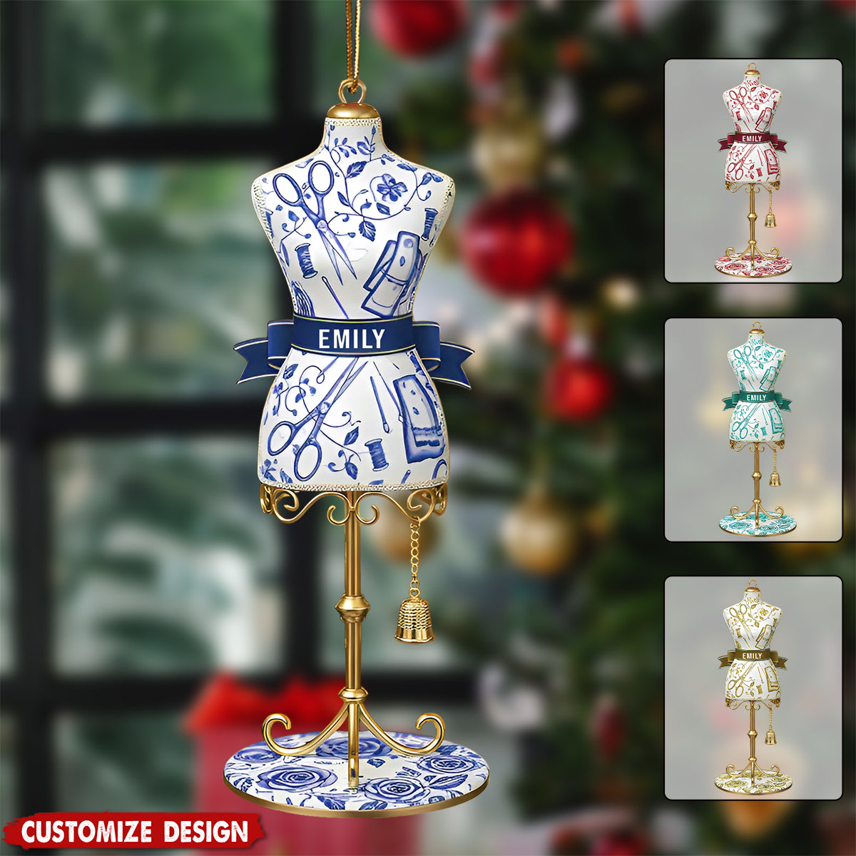 Personalized Toile De Jouy Dress Form Christmas Ornament - Gift for Seamstress, Tailor, Fashion Designer