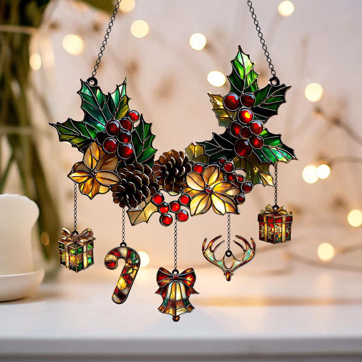 Holly & Pinecone Christmas Acrylic Suncatcher – Festive Winter Gift 2025 Christmas Ornament