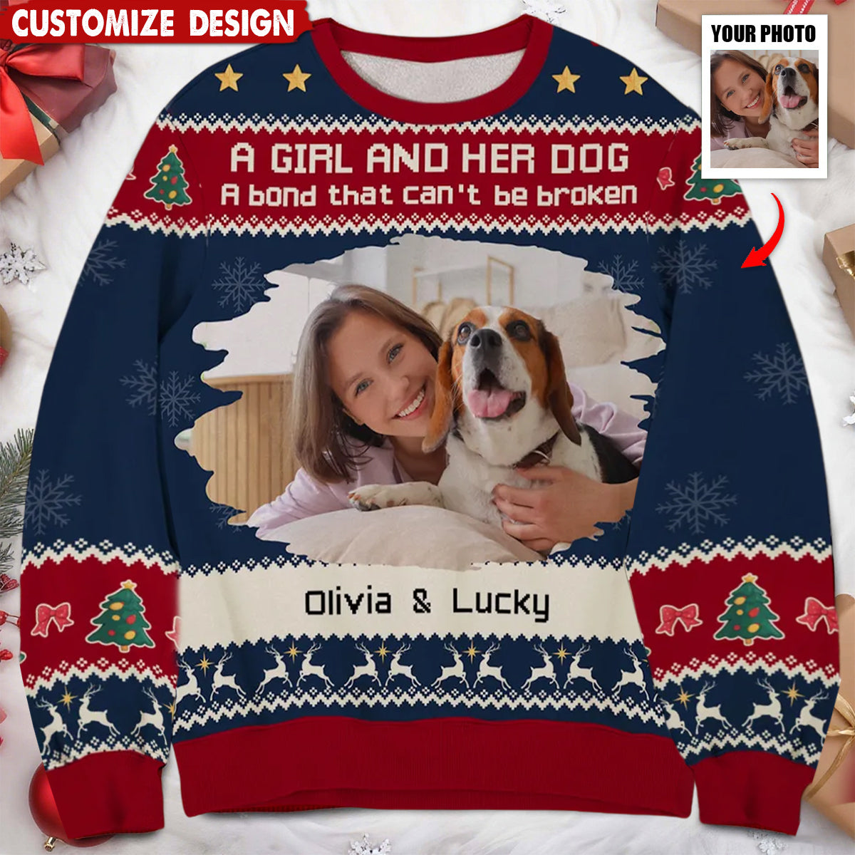 A Man/Girl And His Dog Christmas Photo - Personalized Custom All-Over-Print Sweatshirt
