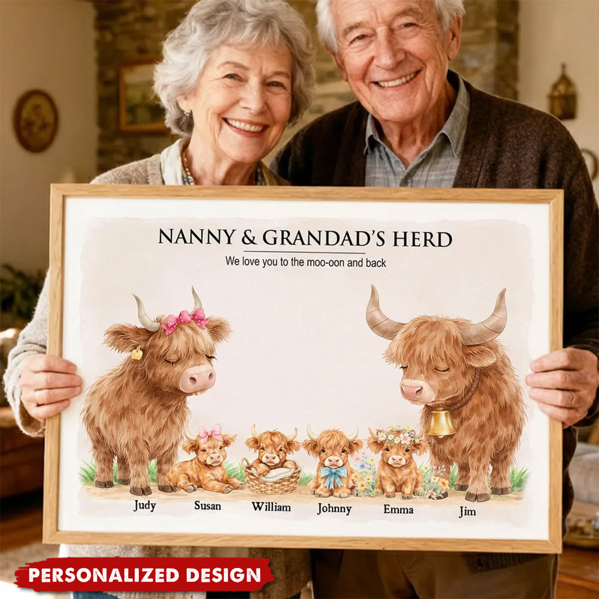 Nanny & Grandad's Herd Highland Cow Family-Personalised Poster-Gift for Grandma, Grandpa