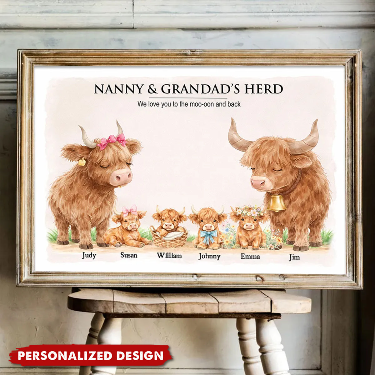 Nanny & Grandad's Herd Highland Cow Family-Personalised Poster-Gift for Grandma, Grandpa