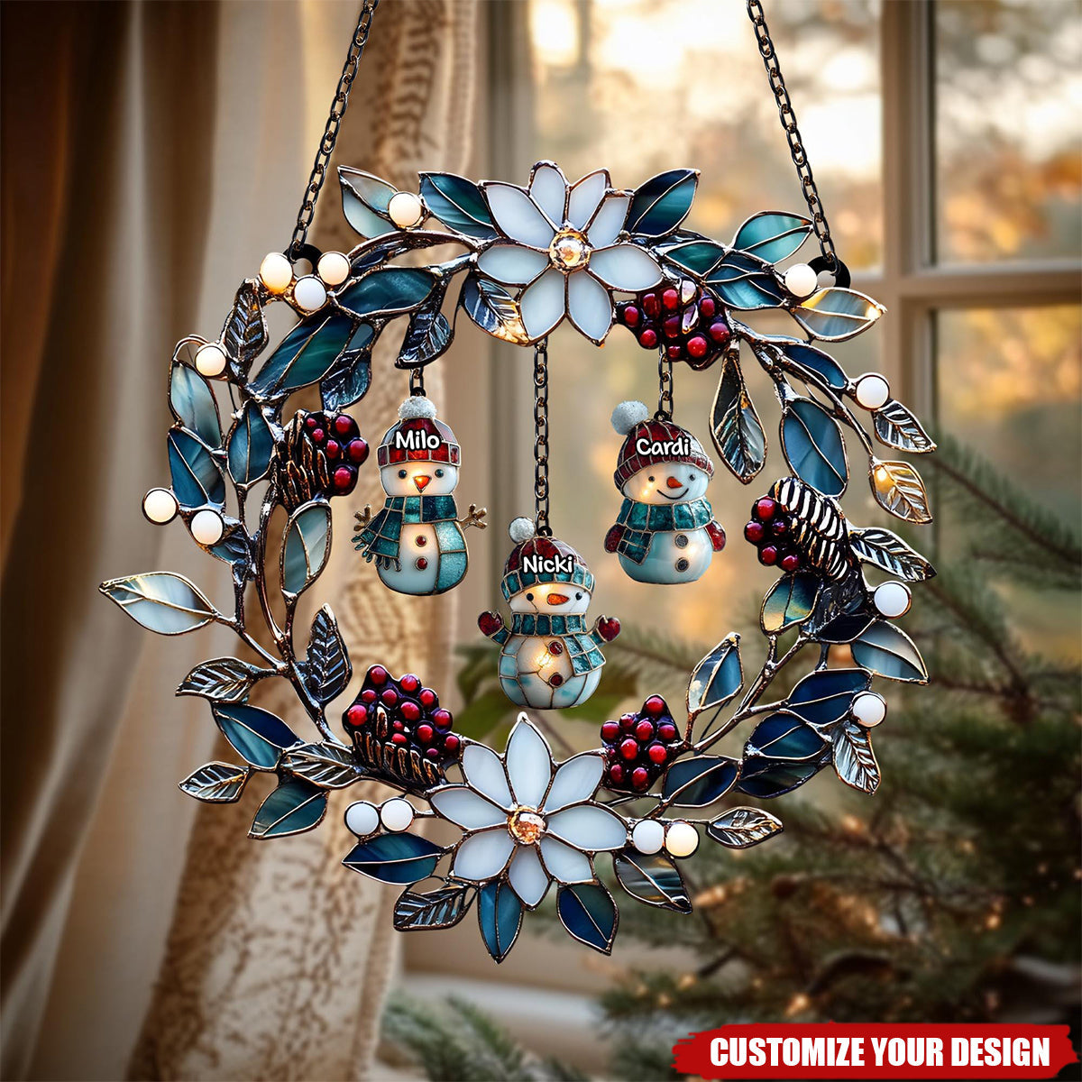 Personalized Snowman Family Wreath Suncatcher