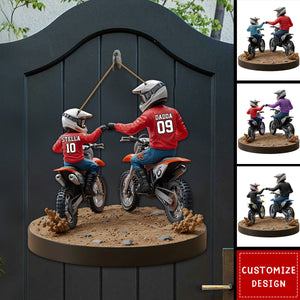 Dirt Bike Dad And Kid - Personalized Dirt Bike Shaped Wood Sign