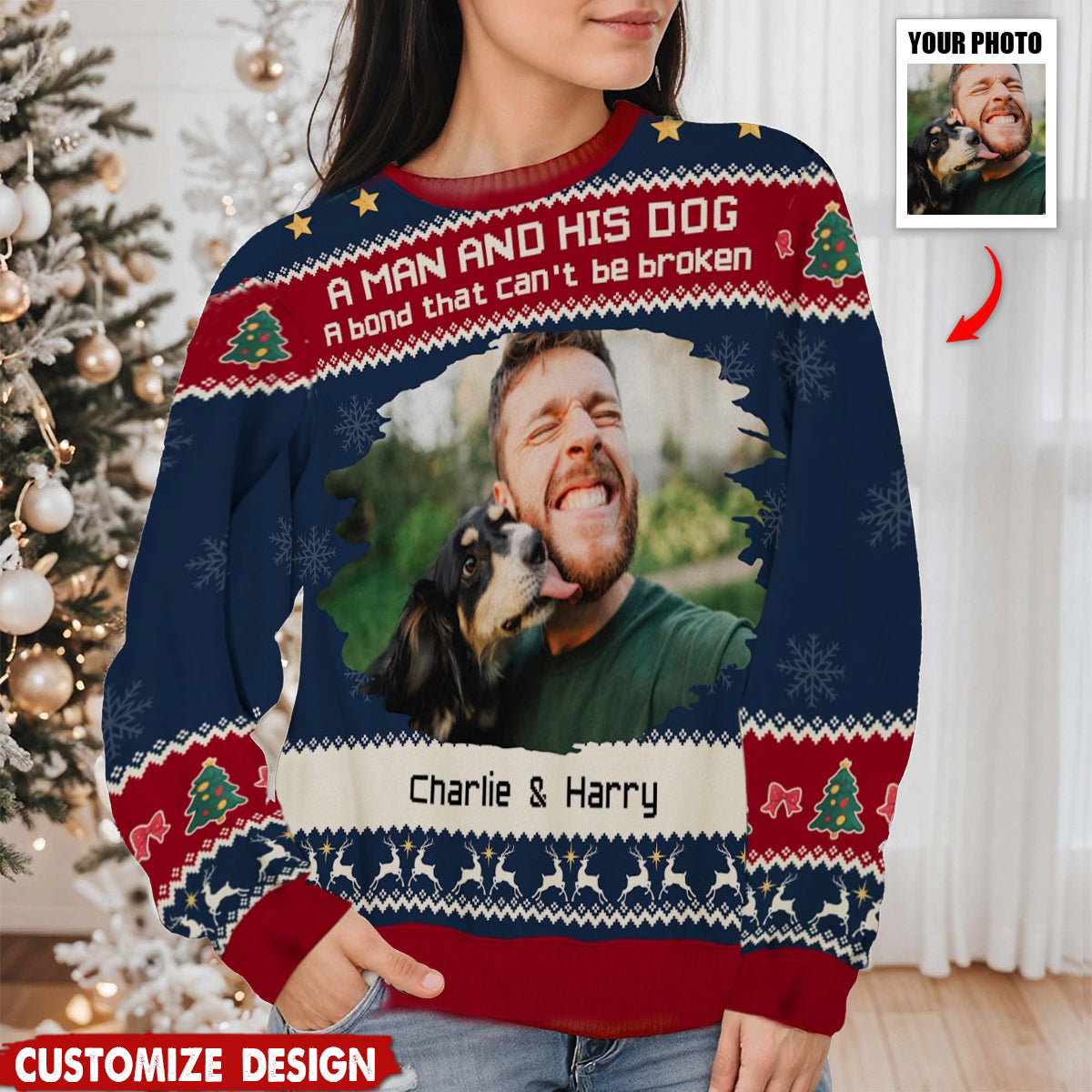 A Man/Girl And His Dog Christmas Photo - Personalized Custom All-Over-Print Sweatshirt