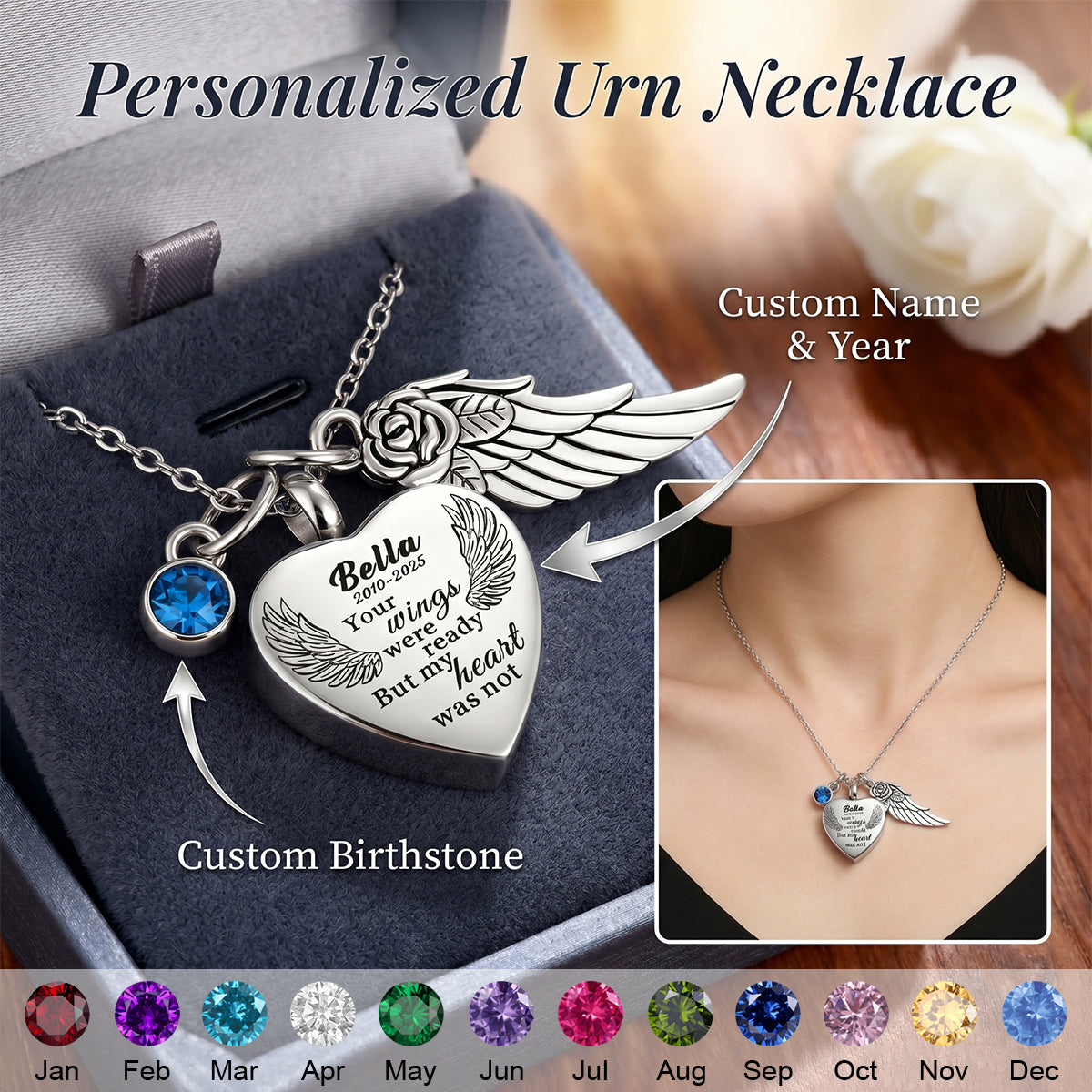 Personalized Urn Necklace for Ashes with Birthstone