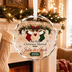 Personalized First Christmas Married Crystal Christmas Ornament, Newlywed Gift Wedding Keepsake