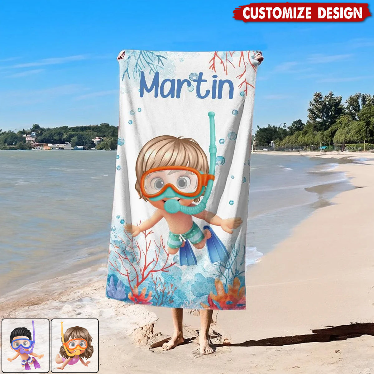 Personalized Cartoon Kid Scuba Diver Beach Towel - Gift for Boys Girls