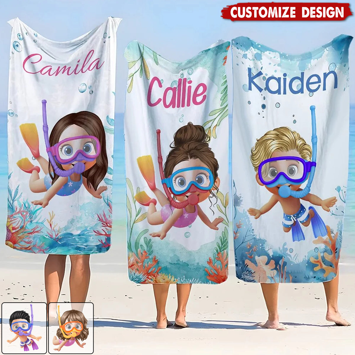 Personalized Cartoon Kid Scuba Diver Beach Towel - Gift for Boys Girls