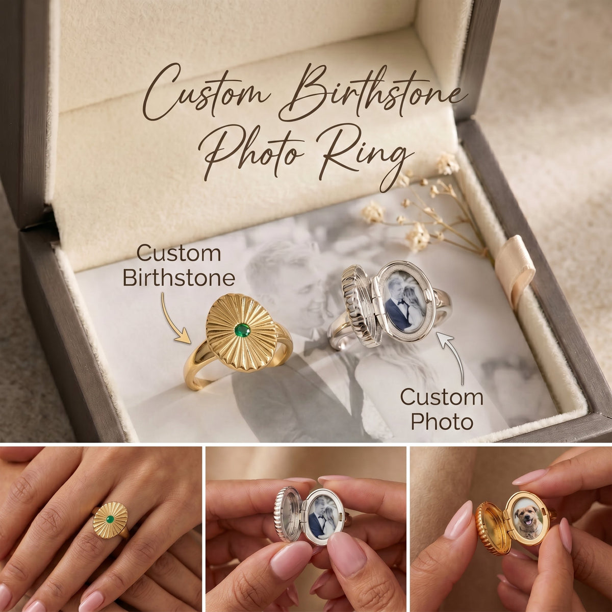 Custom Birthstone Photo Locket Ring - Perfect Gift for Her