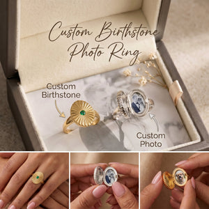 Custom Birthstone Photo Locket Ring - Perfect Gift for Her