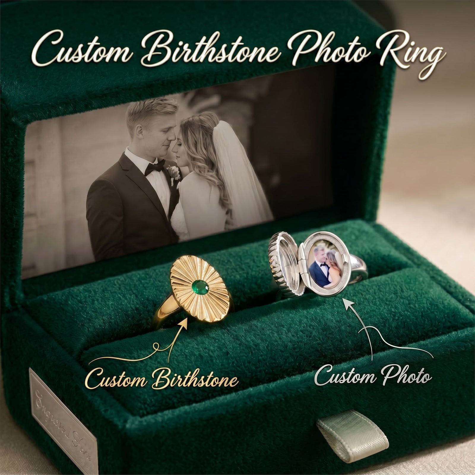 Custom Birthstone Photo Locket Ring - Perfect Gift for Her