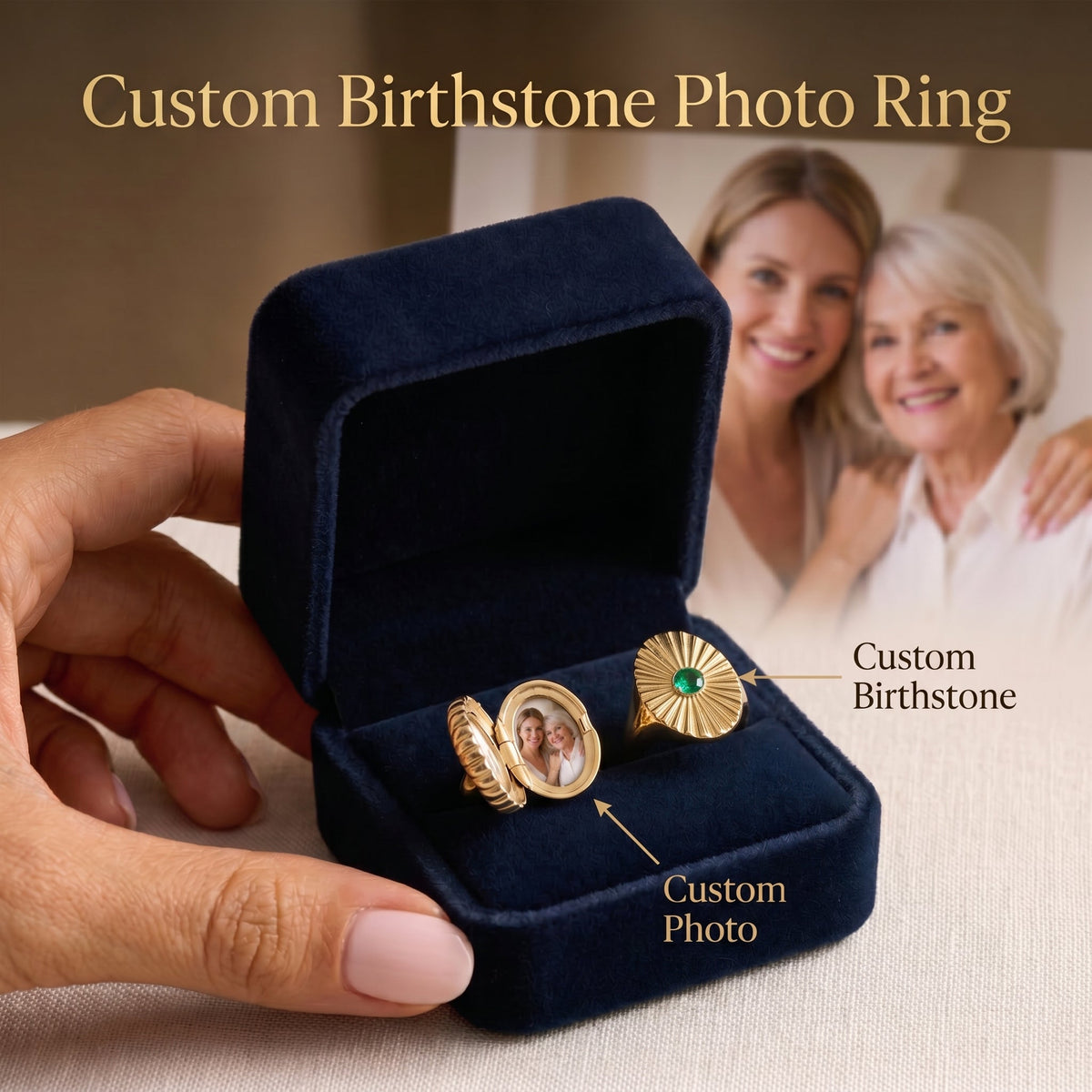 Custom Birthstone Photo Locket Ring - Perfect Gift for Her