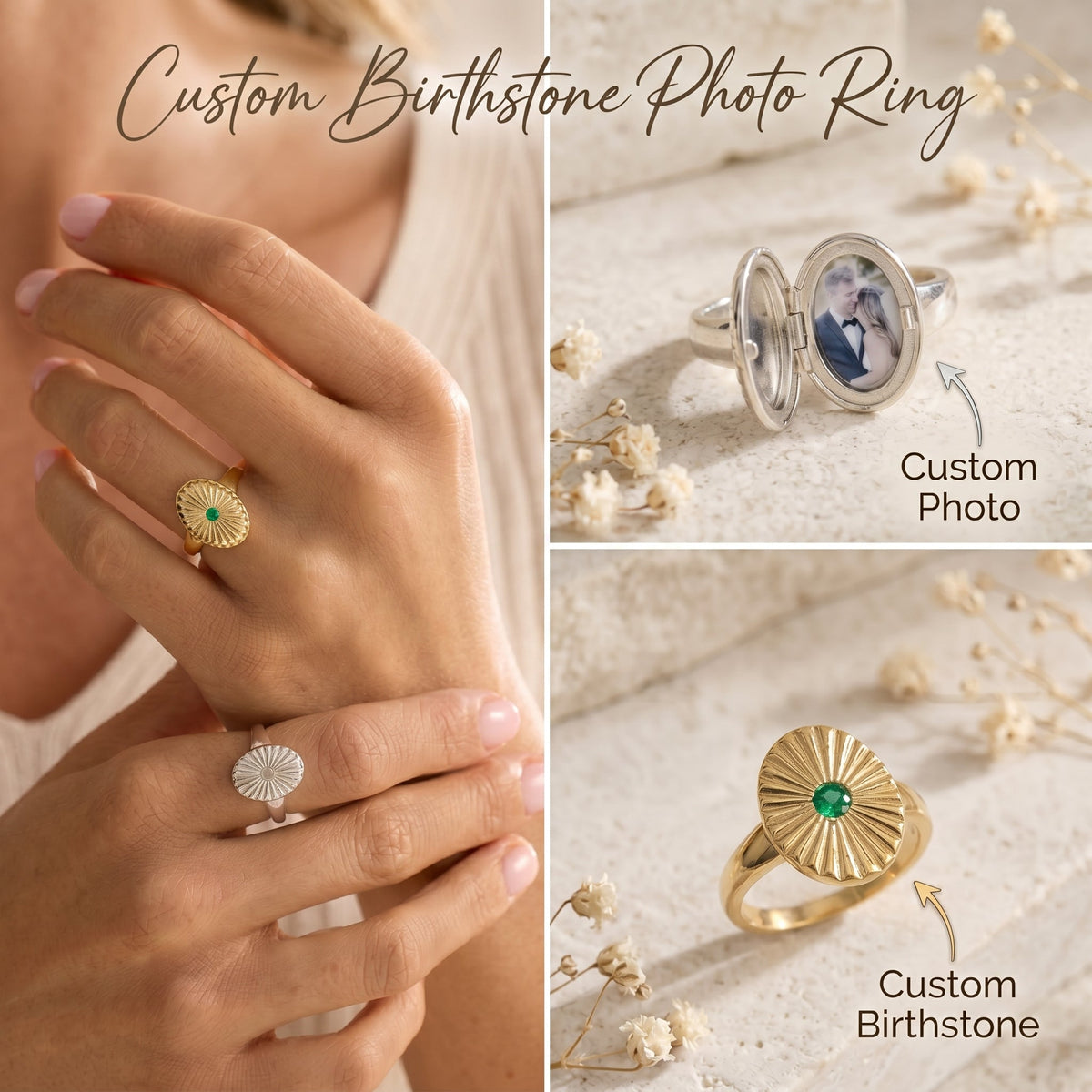 Custom Birthstone Photo Locket Ring - Perfect Gift for Her