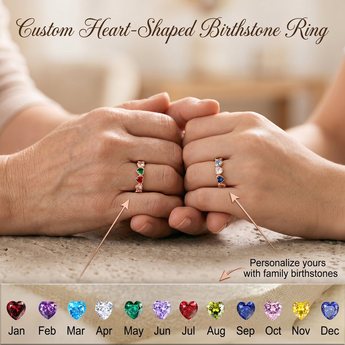 Personalized Birthstone Heart Ring - Mother's Day & Anniversary Gift