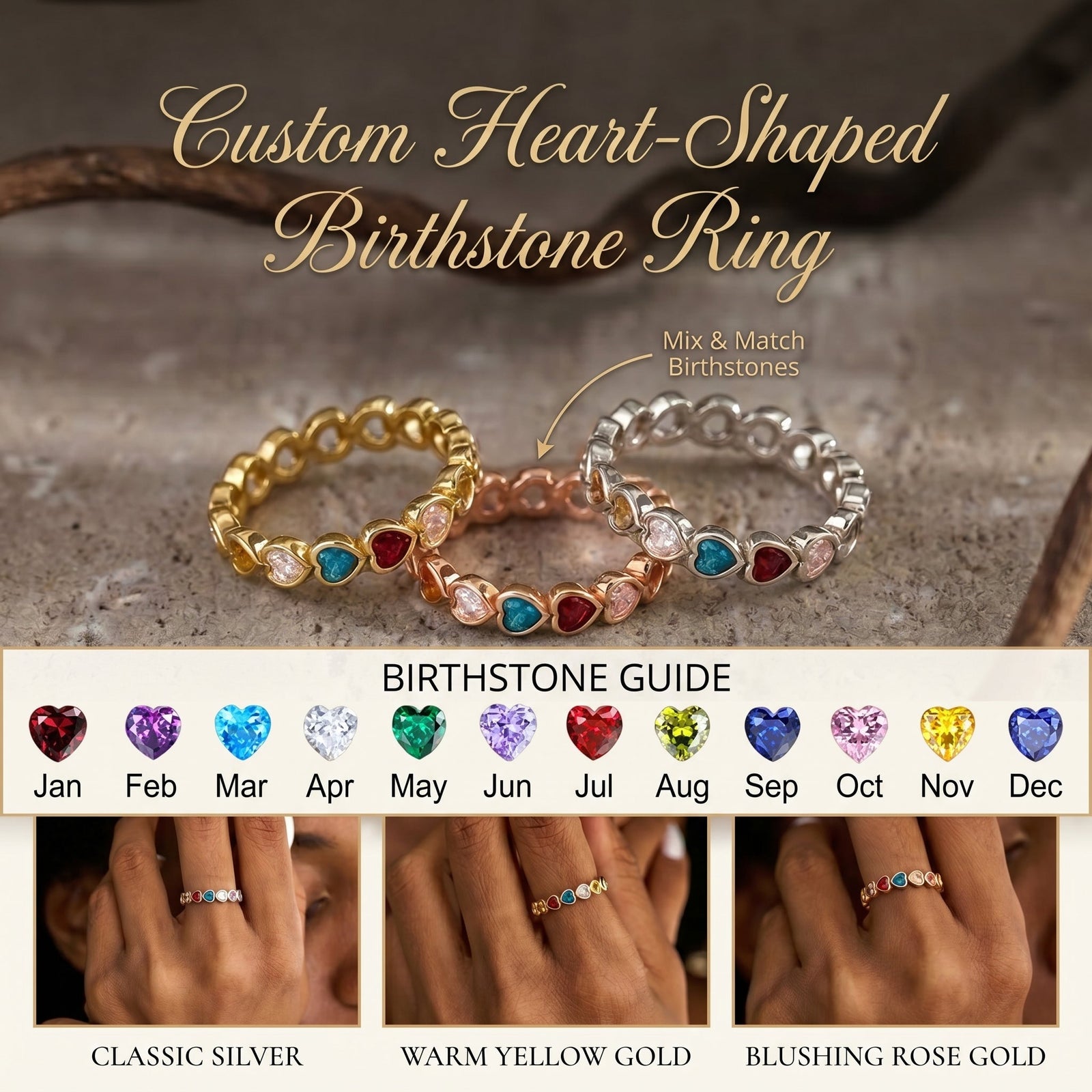 Personalized Birthstone Heart Ring - Mother's Day & Anniversary Gift