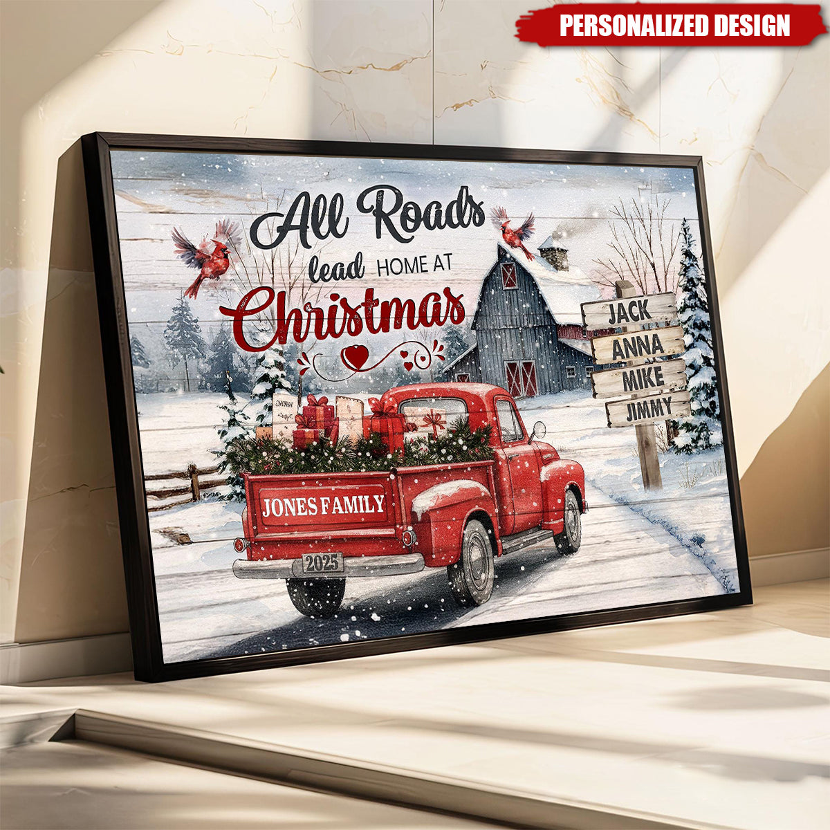All Roads Lead Home at Christmas-Personalized Red Truck Christmas Poster Gift For Family