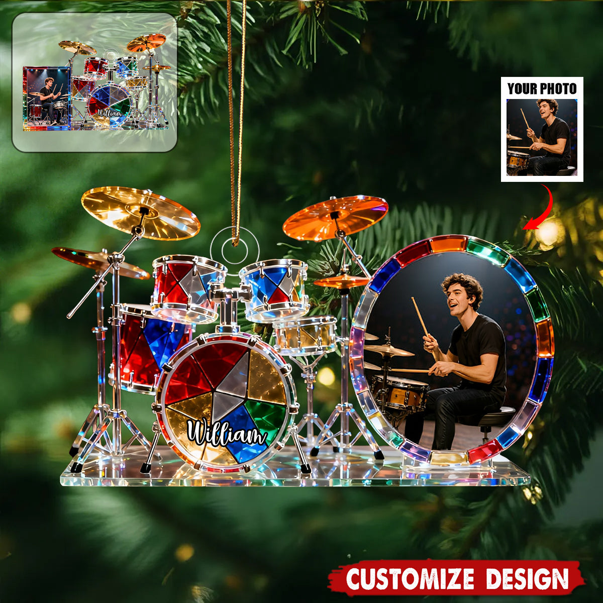 Personalized Drum set themed photo ornament