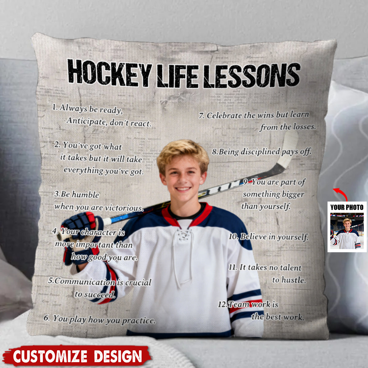 Personalized Hockey Life Lessons Upload Photo Pillow-Gift For Hockey Lovers