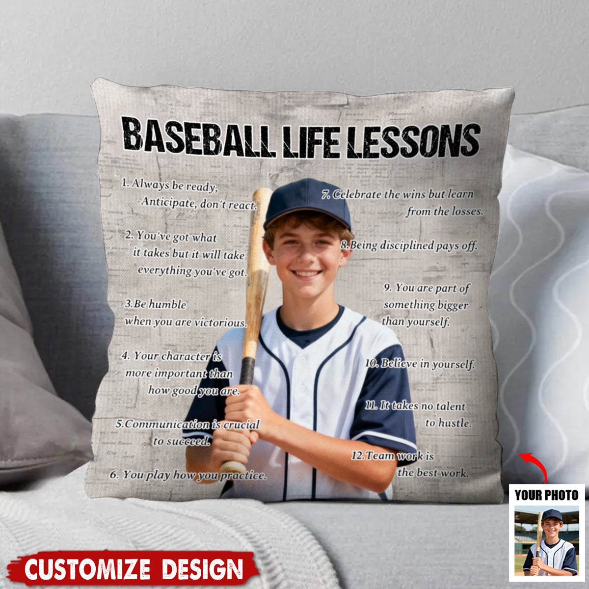 Personalized Baseball Life Lessons Upload Photo Pillow-Gift For Baseball Lovers