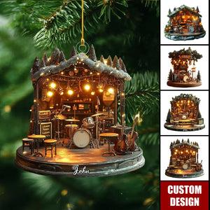 Personalized Rustic Musician Christmas Ornament, Mini Band Cabin With Instruments & Holiday Lights