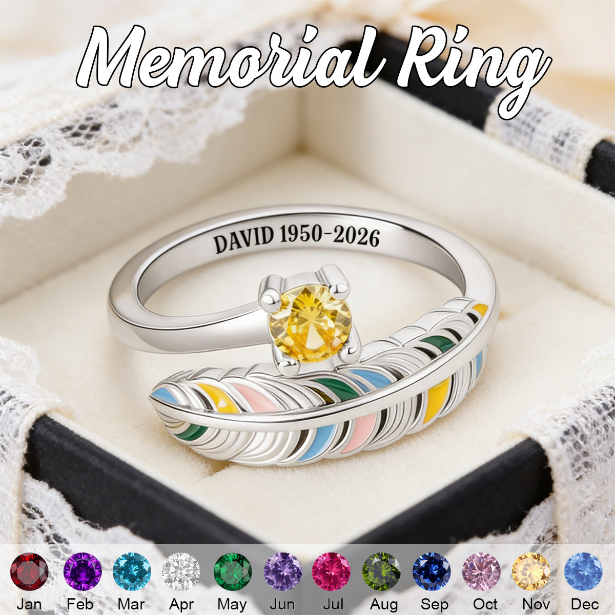 In Loving Memory - Personalized Feather Birthstone Memorial Ring