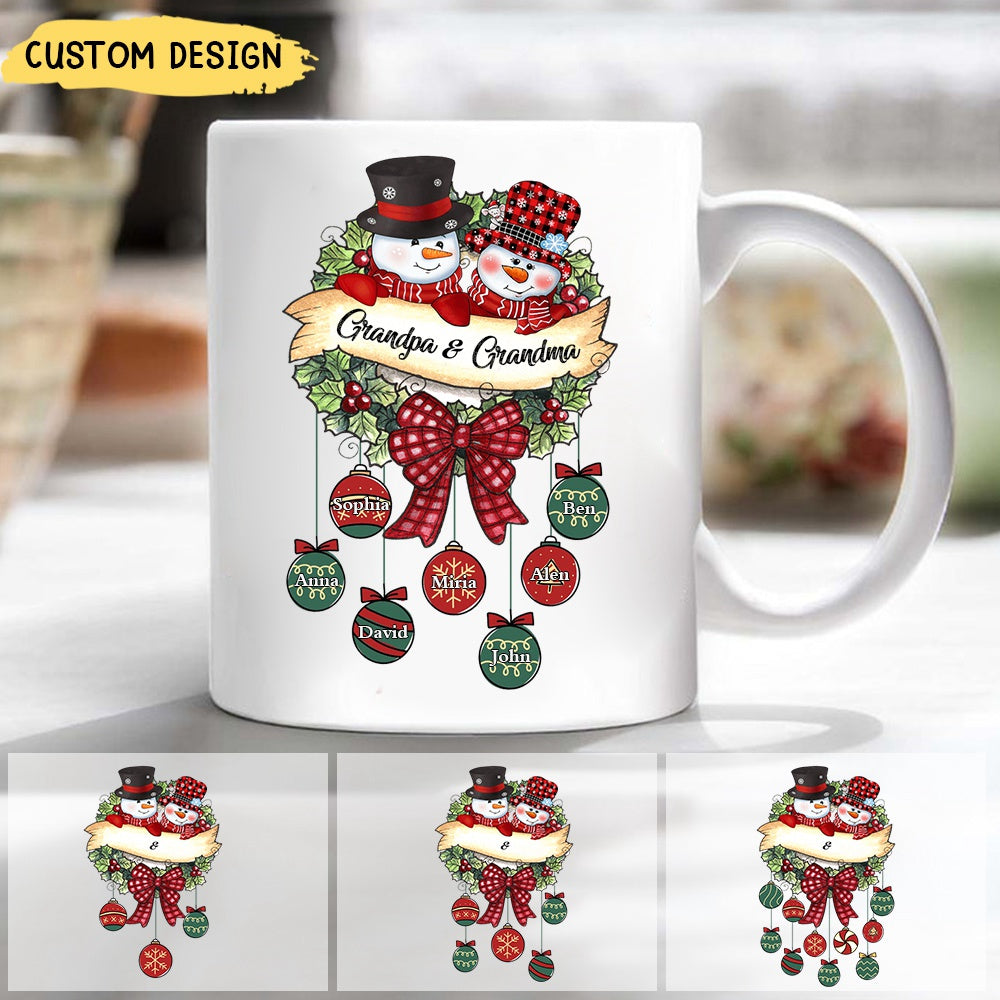 Snowman Grandpa & Grandma Mom & Dad Christmas Ball Kids Personalized Mug