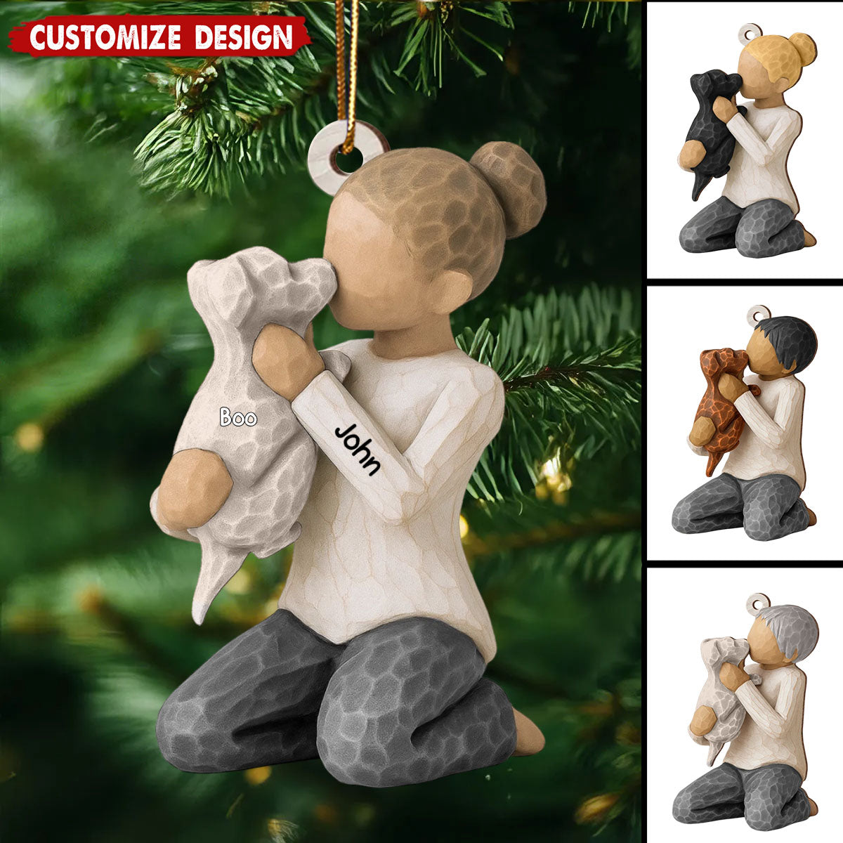 Personalized Boy Girl Hugging Dog Wooden Christmas Ornament - Gift For Dog Lovers