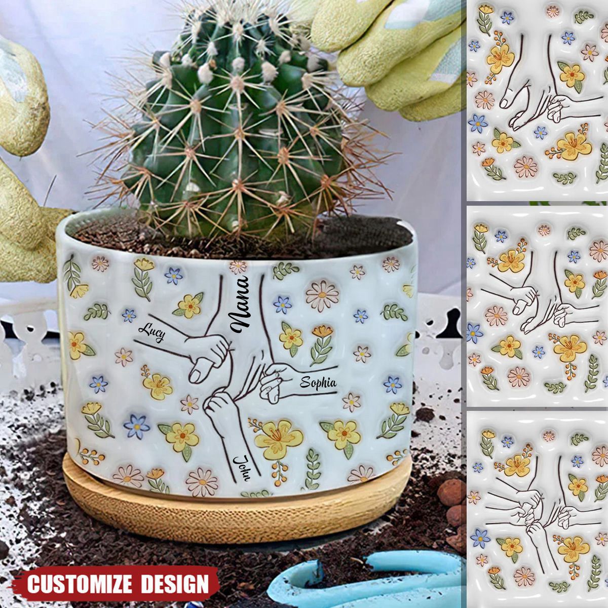 Floral Mom/Nana Hands Together- Personalized Ceramic Plant Pot