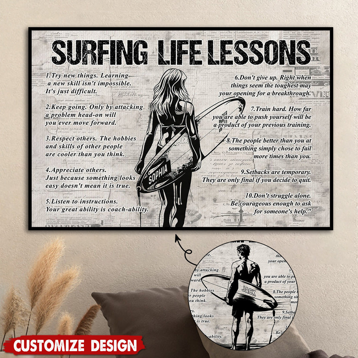 Personalized Surfing Life Lessons Poster-Gift For Surfing Lovers