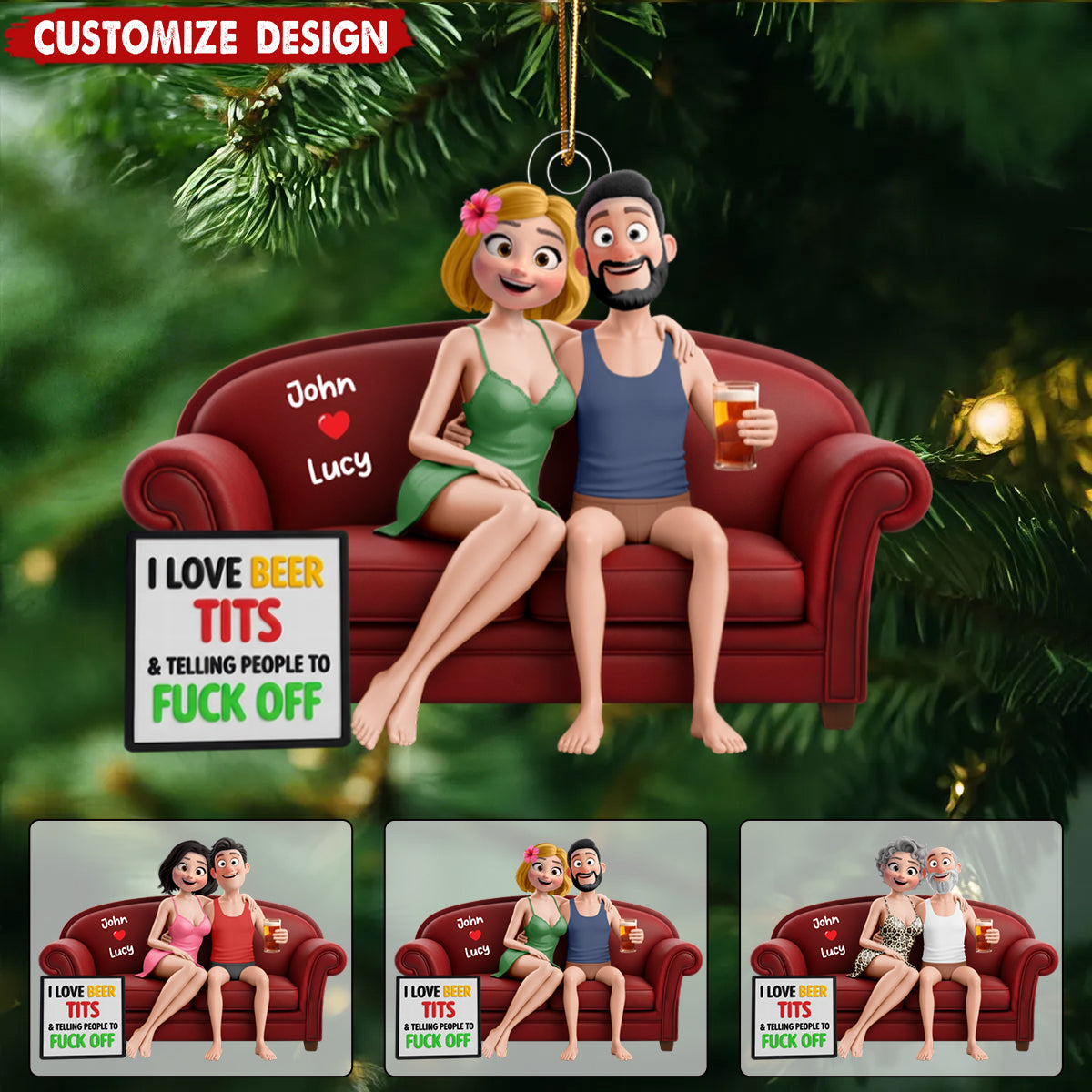 Naughty Couple Sitting on the sofa Christmas Ornament - Personalized Gifts For Couple