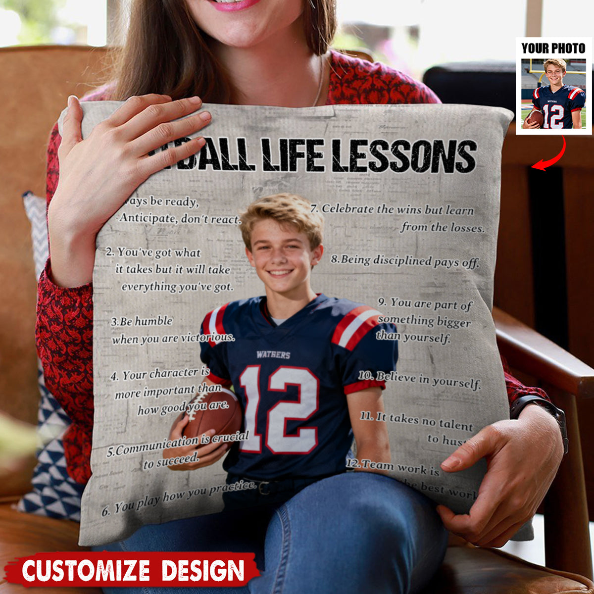 Personalized Football Life Lessons Upload Photo Pillow-Gift For Football Lovers