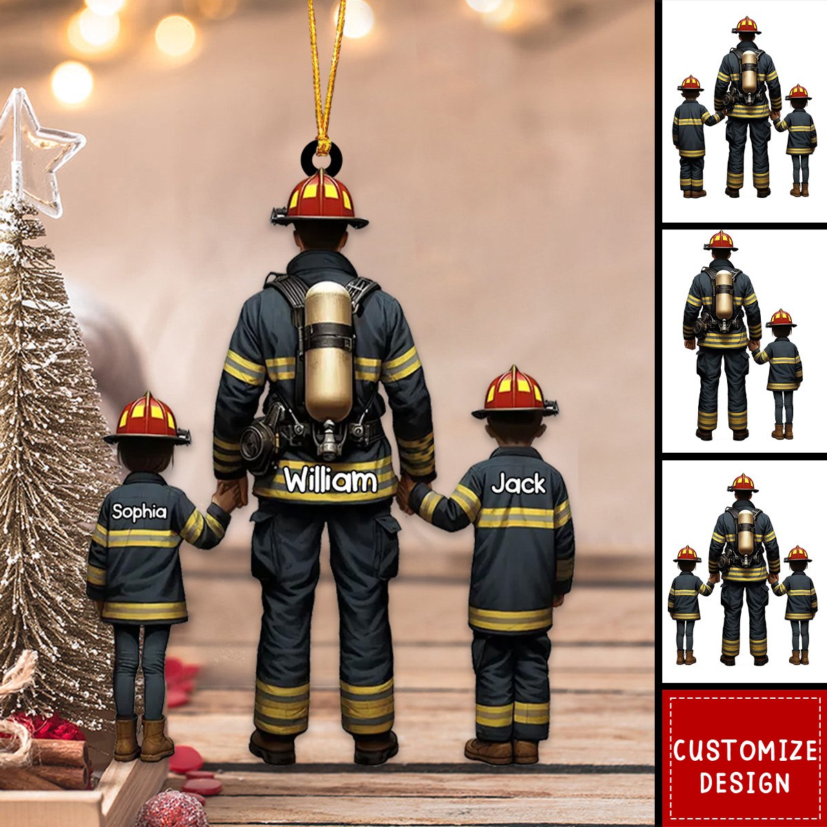 Firefighter Dad And Kids - Personalized Acrylic Ornament - Gift For Firefighter - 2024 New Release