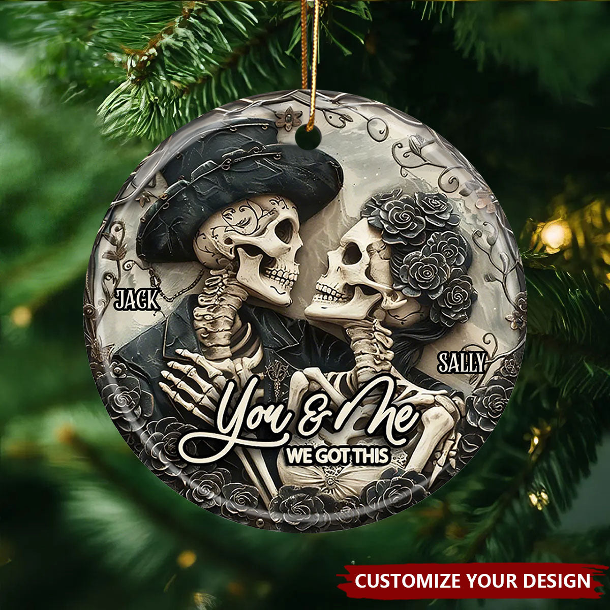 You & Me - Personalized Skull Ceramic Circle Ornament