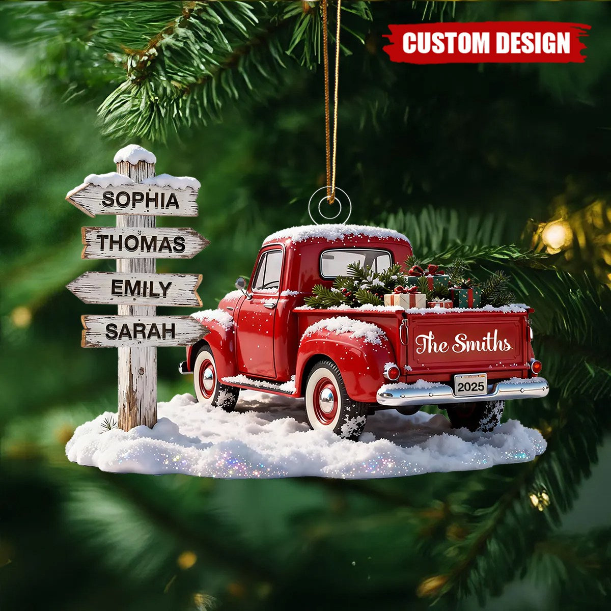 Personalized Red Truck Family Sign Posts Ornament