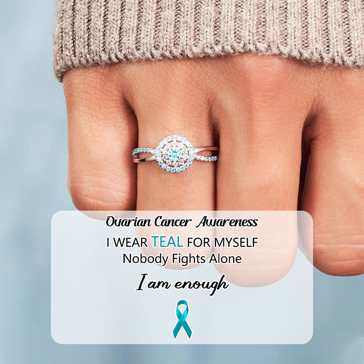 Ovarian Cancer Awareness-Teal Round Diamond Infinity Ring